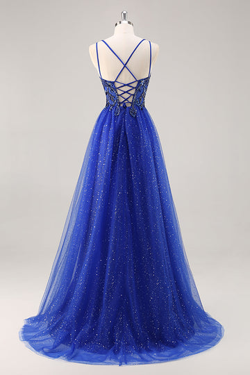 Sparkly Royal Blue Beaded A Line Long Formal Dress with Slit